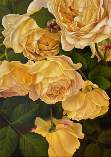 Painting titled "Yellow roses" by Anastasiia Alekhina, Original Artwork, Oil Mounted on Wood Stretcher frame
