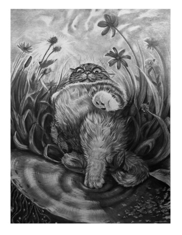 Drawing titled "Cat and water" by Anastasiia Balanda, Original Artwork, Pencil