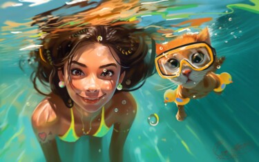 Arte digital titulada "a girl and a cat in…" por Anastasiia Balanda, Obra de arte original, Trabajo Digital 2D