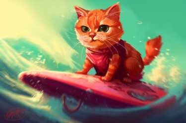 Digitale Kunst getiteld "cat surfing" door Anastasiia Balanda, Origineel Kunstwerk, 2D Digital Work