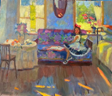 Peinture intitulée "Интерьер с девочкой" par Anastasiia Goreva, Œuvre d'art originale, Huile