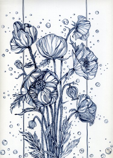 Dessin intitulée ""Poppy bouquet"" par Anastasiia Moskvitina, Œuvre d'art originale, Encre