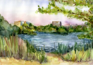 Painting titled ""Evening on the lak…" by Anastasiia Moskvitina, Original Artwork, Watercolor
