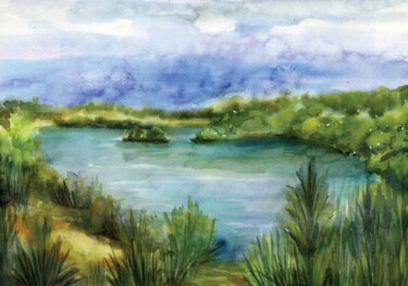 Painting titled ""Rain on the lake.…" by Anastasiia Moskvitina, Original Artwork, Watercolor