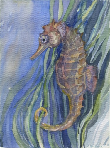 Pintura intitulada "“ Seahorse”  Origin…" por Anastasiia Moskvitina, Obras de arte originais, Aquarela