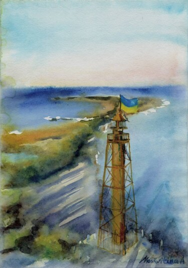 Painting titled "Old lighthouse on D…" by Anastasiia Moskvitina, Original Artwork, Watercolor