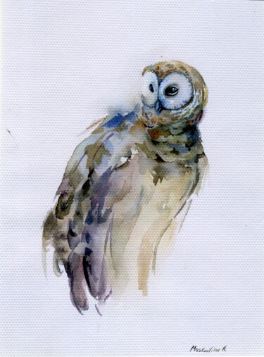Pittura intitolato "“Owl” Original Work…" da Anastasiia Moskvitina, Opera d'arte originale, Acquarello
