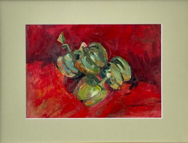 Картина под названием "“Green peppers on a…" - Anastasiia Moskvitina, Подлинное произведение искусства, Масло