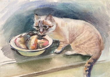 Pittura intitolato "“CAT Dusia” Origina…" da Anastasiia Moskvitina, Opera d'arte originale, Acquarello