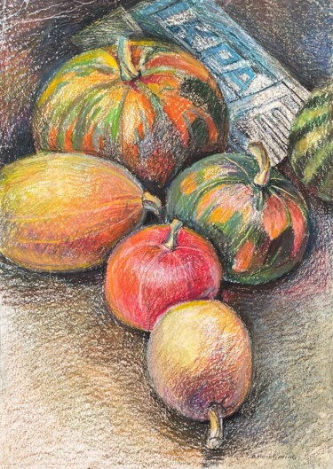 Pittura intitolato ""Pumpkin Harvest" O…" da Anastasiia Moskvitina, Opera d'arte originale, Pastello