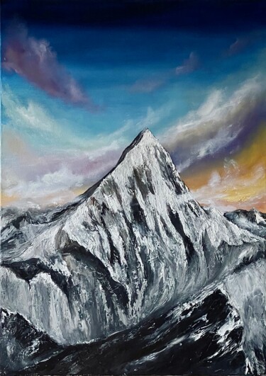 Painting titled "Cloudy mountains" by Anastasiia Novitskaya, Original Artwork, Oil Mounted on Wood Panel