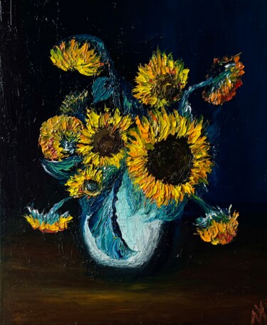 「Sunflowers in white…」というタイトルの絵画 Anastasiia Novitskayaによって, オリジナルのアートワーク, オイル ウッドストレッチャーフレームにマウント