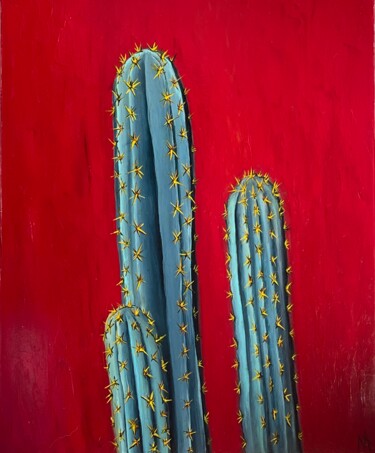 Painting titled "Fire cactus" by Anastasiia Novitskaya, Original Artwork, Oil Mounted on Wood Stretcher frame