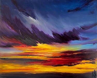 Painting titled "Burning Sky" by Anastasiia Novitskaya, Original Artwork, Oil Mounted on Wood Stretcher frame