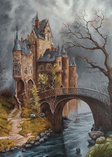 Pittura intitolato "A gloomy castle" da Anastasiia Poberezhets, Opera d'arte originale, Olio