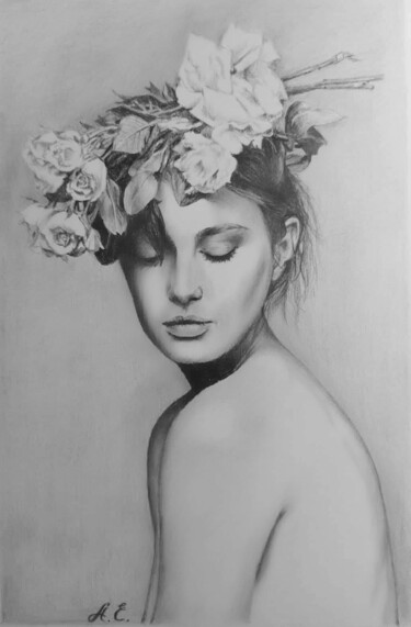 Dessin intitulée "White rose" par Anastasiia Poberezhets, Œuvre d'art originale, Crayon