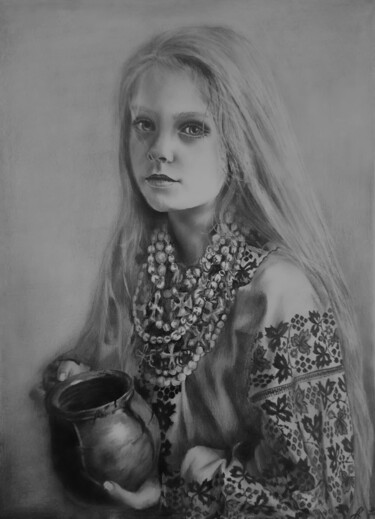 Drawing titled "Gutsulka" by Anastasiia Poberezhets, Original Artwork, Pencil