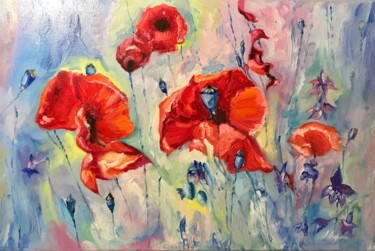 Картина под названием "'Poppies'" - Anastasija Terskiha, Подлинное произведение искусства, Масло Установлен на Деревянная ра…