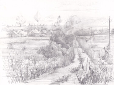 Dessin intitulée "'Rural landscape'" par Anastasija Terskiha, Œuvre d'art originale, Graphite