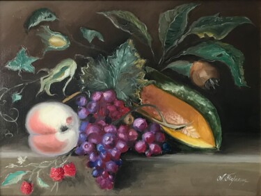 Painting titled "Melon&Rasbberry" by Anastasija Terskiha, Original Artwork, Oil Mounted on Wood Stretcher frame