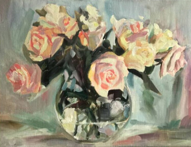 Painting titled "Roses" by Anastasija Terskiha, Original Artwork, Oil Mounted on Wood Stretcher frame