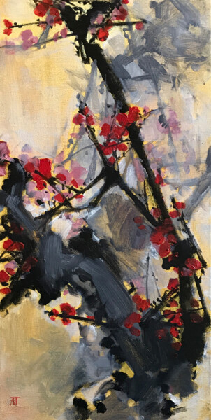 Painting titled "'Sakura'" by Anastasija Terskiha, Original Artwork, Oil Mounted on Wood Stretcher frame
