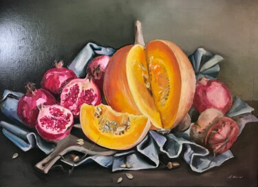 Painting titled "'Pomegranate-pumpki…" by Anastasija Terskiha, Original Artwork, Oil Mounted on Wood Stretcher frame