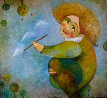 Картина под названием "Девушка с голубыми…" - Anastasiya Balysh, Подлинное произведение искусства, Масло