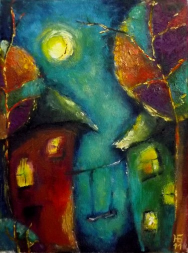 Картина под названием "Домики с луной" - Anastasiya Balysh, Подлинное произведение искусства, Масло