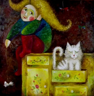 Картина под названием "Кот и корм" - Anastasiya Balysh, Подлинное произведение искусства, Масло