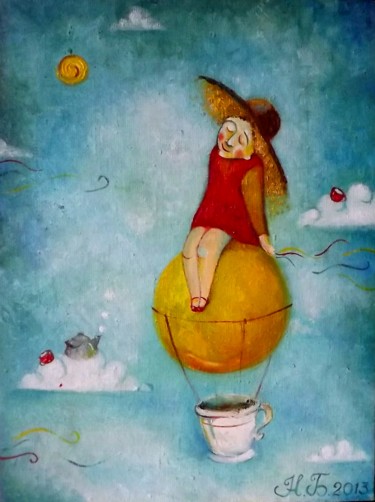 Картина под названием "На воздушном шаре" - Anastasiya Balysh, Подлинное произведение искусства, Масло