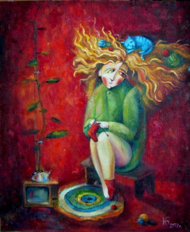 Картина под названием "Сезонное вязание" - Anastasiya Balysh, Подлинное произведение искусства, Масло