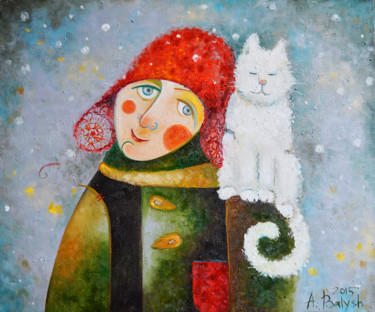 Painting titled "Снегокот" by Anastasiya Balysh, Original Artwork, Oil