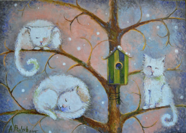 Картина под названием "Коты зимующие" - Anastasiya Balysh, Подлинное произведение искусства, Масло