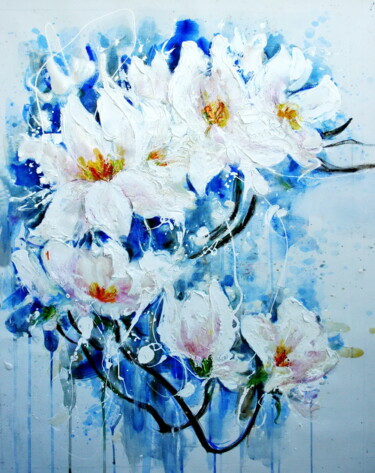 Painting titled "White magnolia" by Anastasiya Bernie, Original Artwork, Oil