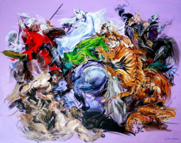 Pintura intitulada "Tigers hunting. (Ho…" por Anastasiya Bernie, Obras de arte originais, Óleo Montado em Armação em madeira