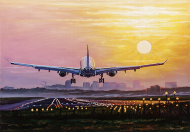Painting titled "Airplane at sunset,…" by Anastasiya Derzhurina, Original Artwork, Oil
