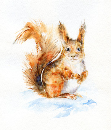 Drawing titled "squirrel" by Anastasiya Gromova, Original Artwork, Watercolor Mounted on Wood Panel