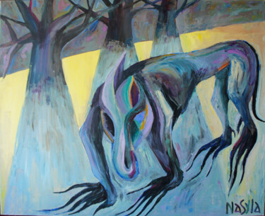 Malarstwo zatytułowany „beast in the forest” autorstwa Nasyla, Oryginalna praca, Olej Zamontowany na Drewniana rama noszy