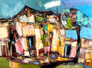 Painting titled "Abstract Cityscape" by Anastasiya Kimachenko, Original Artwork, Oil