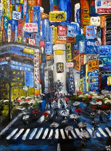 Painting titled "Tokyo Painting Abst…" by Anastasiya Posylaeva, Original Artwork, Oil Mounted on Wood Stretcher frame