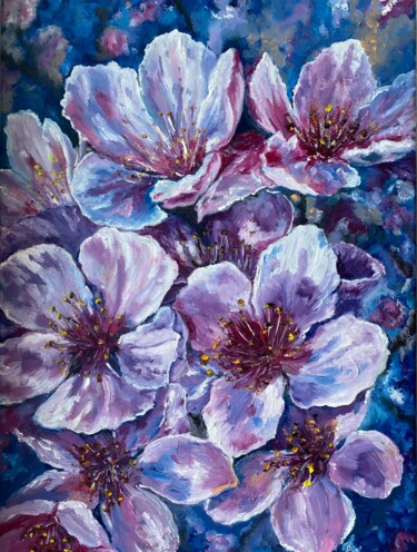 Painting titled "Sakura Painting Flo…" by Anastasiya Posylaeva, Original Artwork, Oil Mounted on Wood Stretcher frame