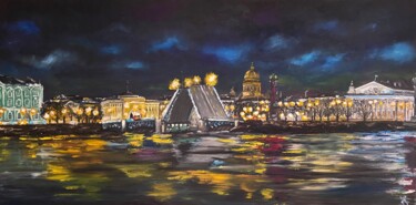 Painting titled "Night Cityscape Ori…" by Anastasiya Posylaeva, Original Artwork, Oil Mounted on Wood Stretcher frame
