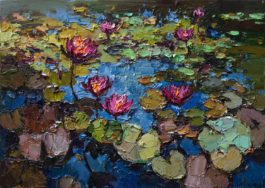 Painting titled "Pink water Lilies -…" by Anastasiya Valiulina, Original Artwork, Oil