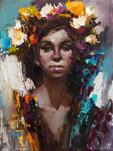 Painting titled "Girl with flowers" by Anastasiya Valiulina, Original Artwork, Oil