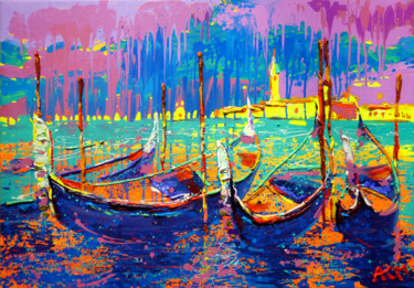 Painting titled "Venice. Gondolas" by Kachina, Original Artwork, Oil Mounted on Wood Stretcher frame