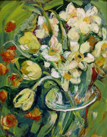 Картина под названием "Нарциссы и тюльпаны" - Екатерина Раймер, Подлинное произведение искусства, Масло