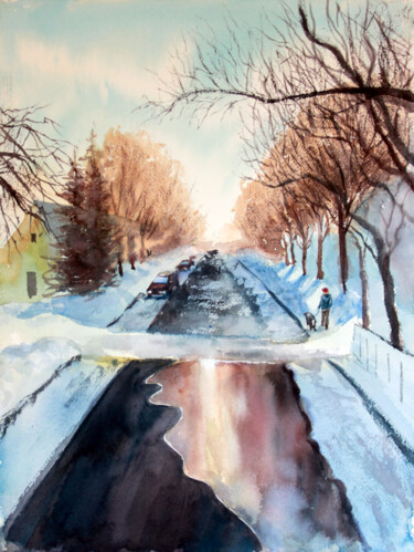 Картина под названием "Spring street" - Anastassiya Suslova, Подлинное произведение искусства, Акварель