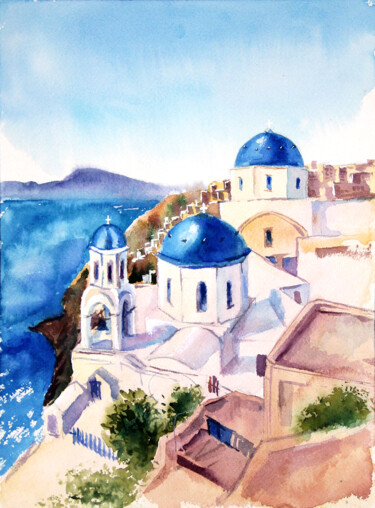 Картина под названием "Santorini" - Anastassiya Suslova, Подлинное произведение искусства, Акварель Установлен на картон