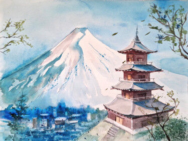 Painting titled "Fujiyama" by Anastassiya Suslova, Original Artwork, Watercolor Mounted on Cardboard